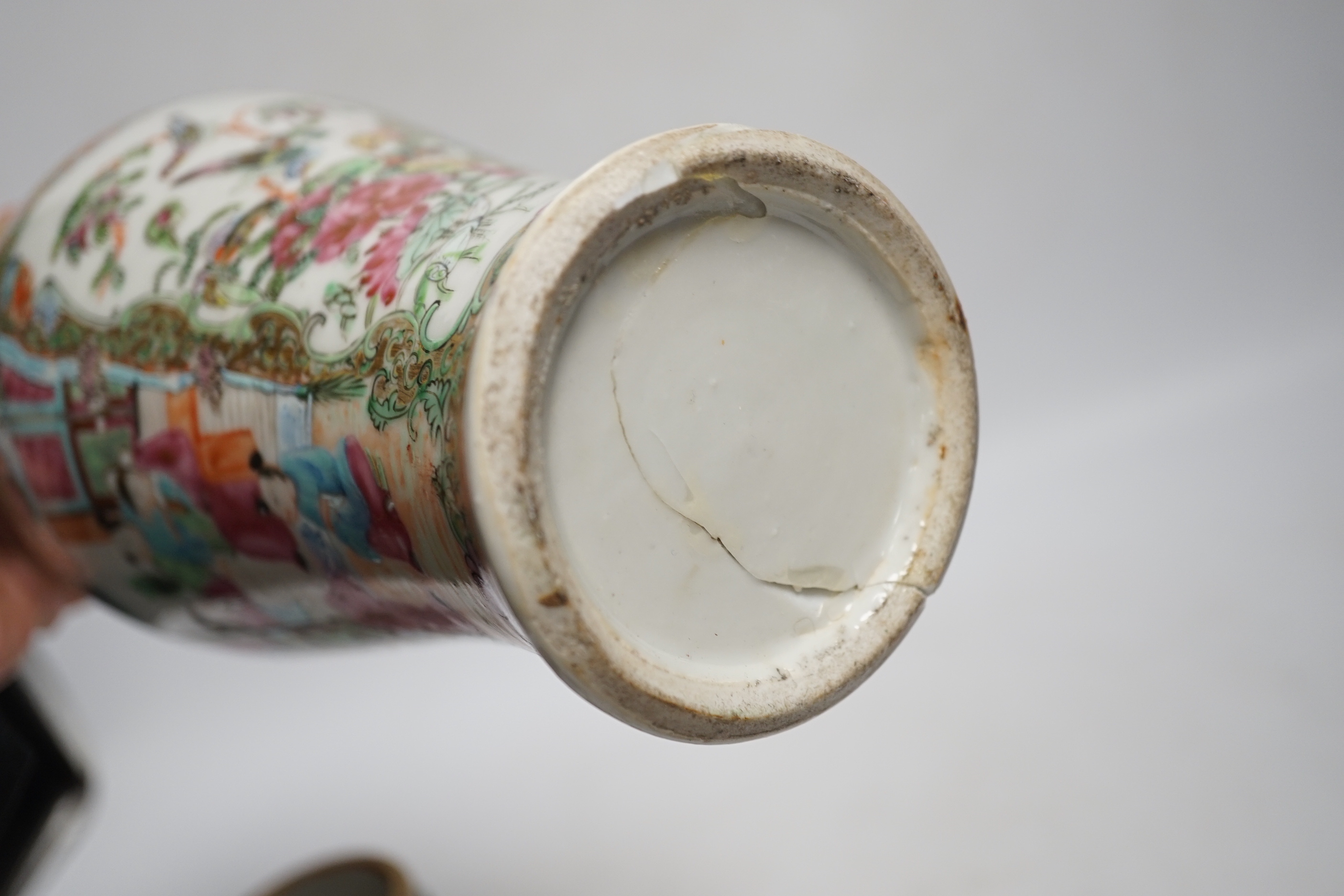 Four Chinese famille rose vases, a dragon cup and miniature blue and white vase (6), tallest 25.5cm high